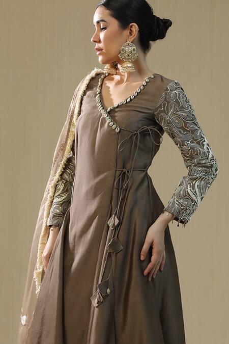 Shop_Arpita Sulakshana_Brown Chanderi Silk, Organza Embroidery, Sequins V-neck Mocha Angrakha Suit Set _Online_at_Aza_Fashions