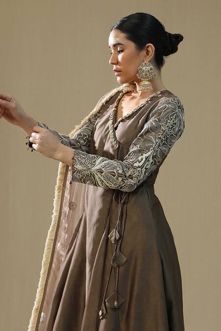 Arpita Sulakshana_Brown Chanderi Silk, Organza Embroidery, Sequins V-neck Mocha Angrakha Suit Set _at_Aza_Fashions