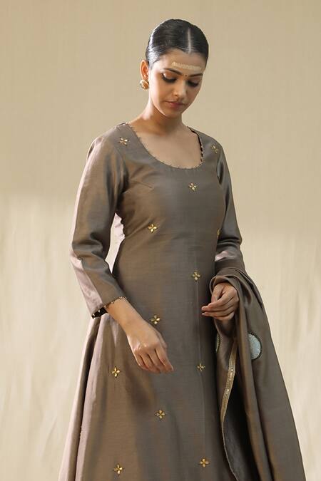 Buy_Arpita Sulakshana_Brown Chanderi Silk Gota Patti Round Neck Mocha Suit Set _Online_at_Aza_Fashions