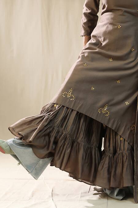 Shop_Arpita Sulakshana_Brown Chanderi Silk Gota Patti Round Neck Mocha Suit Set _Online_at_Aza_Fashions