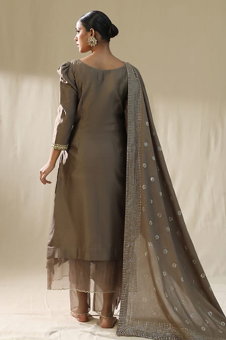 Shop_Arpita Sulakshana_Brown Chanderi Silk Tassels, Embroidery Round Baghi Mocha Signature Suit Set _at_Aza_Fashions