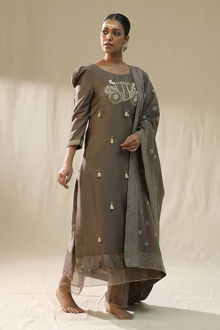 Arpita Sulakshana_Brown Chanderi Silk Tassels, Embroidery Round Baghi Mocha Signature Suit Set _Online_at_Aza_Fashions