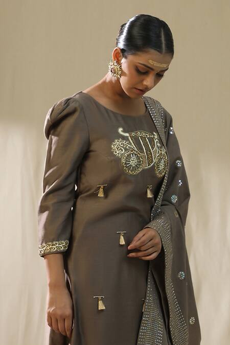 Shop_Arpita Sulakshana_Brown Chanderi Silk Tassels, Embroidery Round Baghi Mocha Signature Suit Set _Online_at_Aza_Fashions
