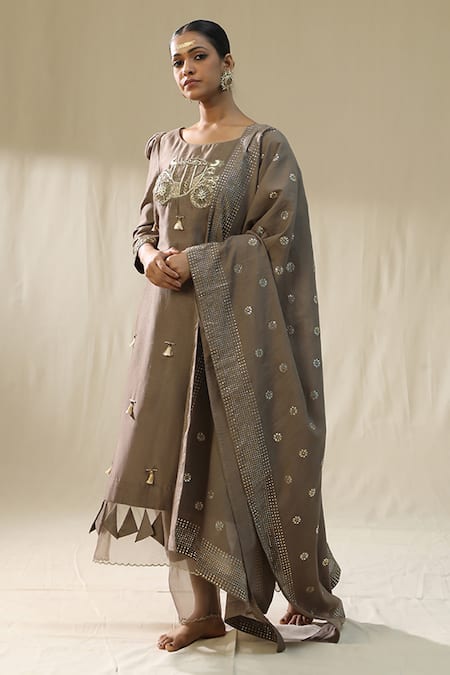 Arpita Sulakshana_Brown Chanderi Silk Tassels, Embroidery Round Baghi Mocha Signature Suit Set _at_Aza_Fashions