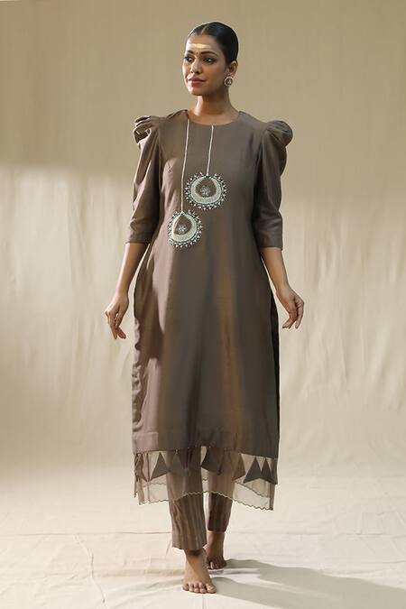 Arpita Sulakshana_Brown Chanderi Silk, Lurex Embroidery Round Mocha Bali Kurta Pant Dupatta Set _Online_at_Aza_Fashions