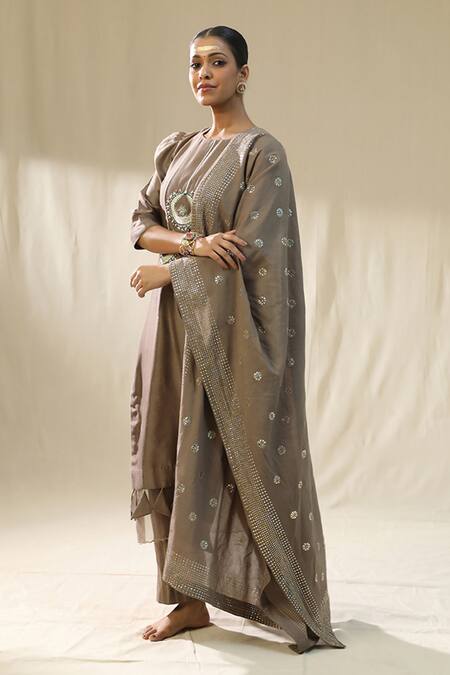 Buy_Arpita Sulakshana_Brown Chanderi Silk, Lurex Embroidery Round Mocha Bali Kurta Pant Dupatta Set _Online_at_Aza_Fashions