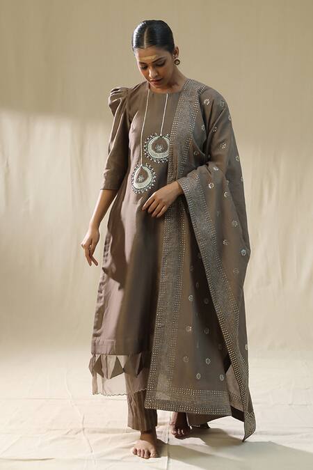 Shop_Arpita Sulakshana_Brown Chanderi Silk, Lurex Embroidery Round Mocha Bali Kurta Pant Dupatta Set _Online_at_Aza_Fashions