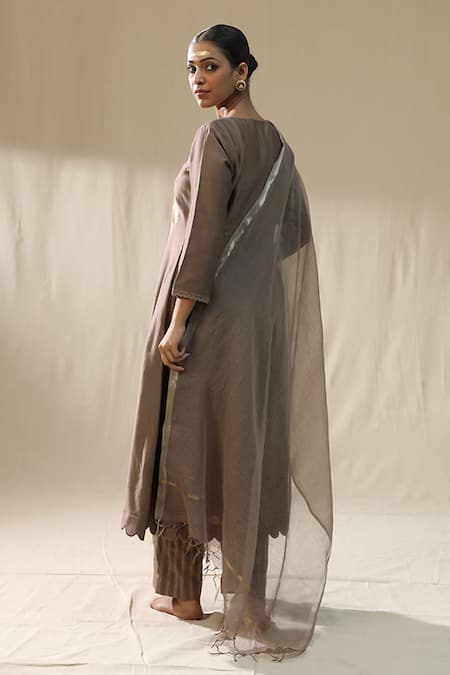 Shop_Arpita Sulakshana_Brown Chanderi Silk, Lurex, Organza Embroidery, Mocha Brushstroke Suit Set _at_Aza_Fashions