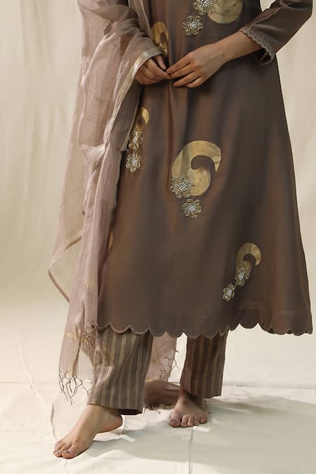 Shop_Arpita Sulakshana_Brown Chanderi Silk, Lurex, Organza Embroidery, Mocha Brushstroke Suit Set _Online_at_Aza_Fashions