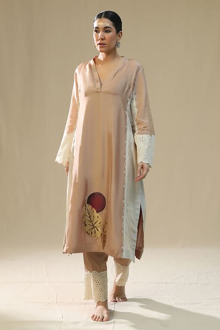 arpita sulakshana Rose Gold Silk, Cotton, Organza Lace, Embroidery Split Handpainted Kurta Set 
