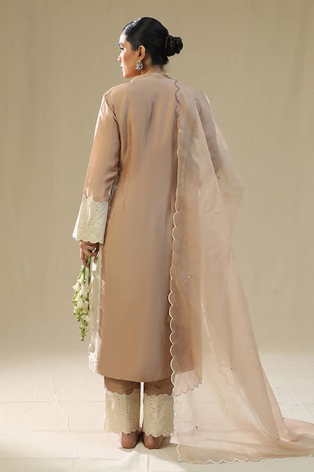 Shop_Arpita Sulakshana_Rose Gold Silk, Organza Lace, Embroidery Split V-neck Handpainted Kurta Set _at_Aza_Fashions