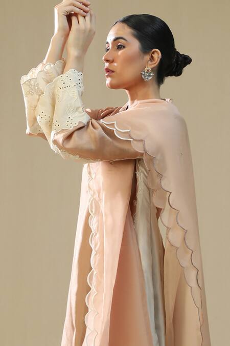Shop_Arpita Sulakshana_Rose Gold Silk, Organza Lace, Embroidery Split V-neck Handpainted Kurta Set _Online_at_Aza_Fashions
