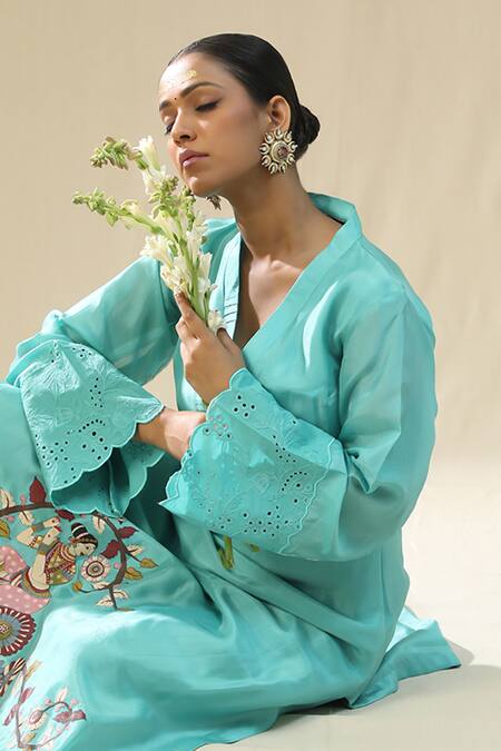 Shop_Arpita Sulakshana_Blue Silk, Organza Embroidery, Cut Work Split V-neck Sky Handpainted Kurta Set _Online_at_Aza_Fashions