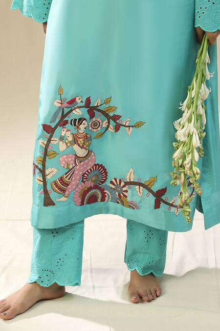 Arpita Sulakshana_Blue Silk, Organza Embroidery, Cut Work Split V-neck Sky Handpainted Kurta Set _at_Aza_Fashions