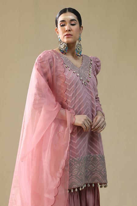 Arpita Sulakshana_Pink Chanderi Cotton, Organza Beads, Embroidery, Dusty Thread Gharara Set _Online_at_Aza_Fashions