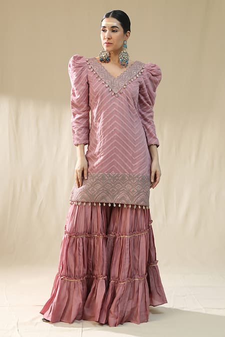 Buy_Arpita Sulakshana_Pink Chanderi Cotton, Organza Beads, Embroidery, Dusty Thread Gharara Set _Online_at_Aza_Fashions