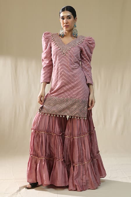 Shop_Arpita Sulakshana_Pink Chanderi Cotton, Organza Beads, Embroidery, Dusty Thread Gharara Set _Online_at_Aza_Fashions