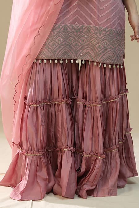 Arpita Sulakshana_Pink Chanderi Cotton, Organza Beads, Embroidery, Dusty Thread Gharara Set _at_Aza_Fashions