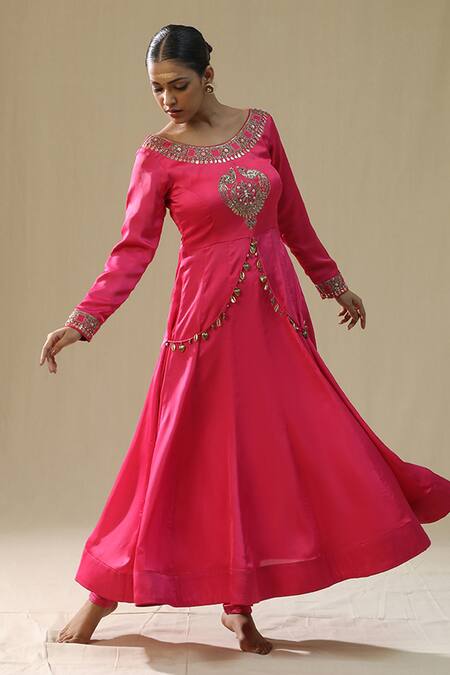Arpita Sulakshana_Pink Chiffon, Silk Embroidery Round Neck Heart Anarkali Suit Set _Online_at_Aza_Fashions