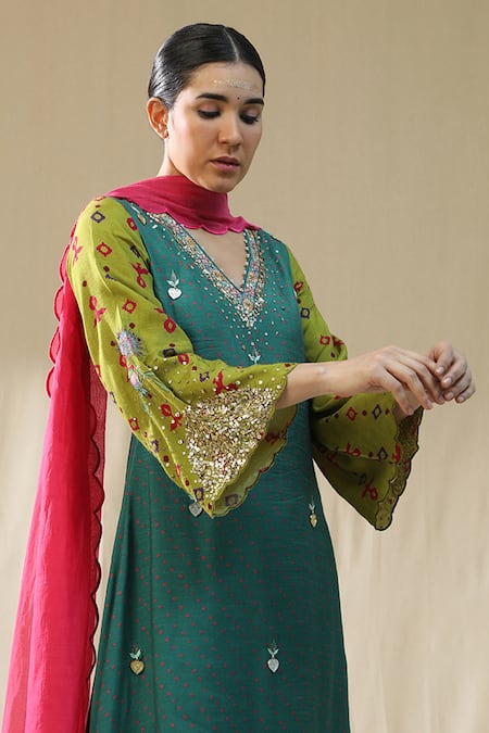 Shop_Arpita Sulakshana_Green Chanderi Silk, Organza Embroidery V-neck Emerald A Line Suit Set _Online_at_Aza_Fashions