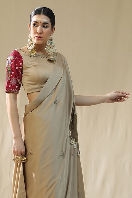 Shop_Arpita Sulakshana_Gold Chiffon, Silk Zari, Embroidery Round Neck Pre-stitched Saree With Blouse _Online_at_Aza_Fashions