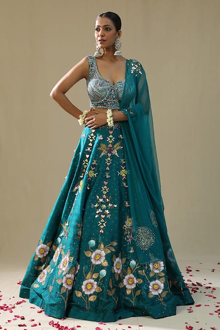 arpita sulakshana Teal Silk, Net Embroidery Round Neck Green Handpainted Lehenga Set 