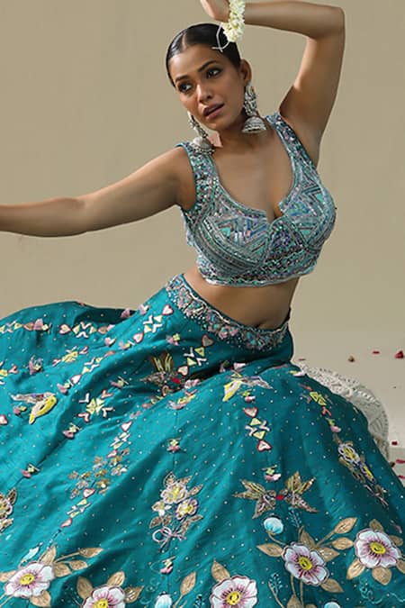 Arpita Sulakshana_Teal Silk, Net Embroidery Round Neck Green Handpainted Lehenga Set _Online_at_Aza_Fashions