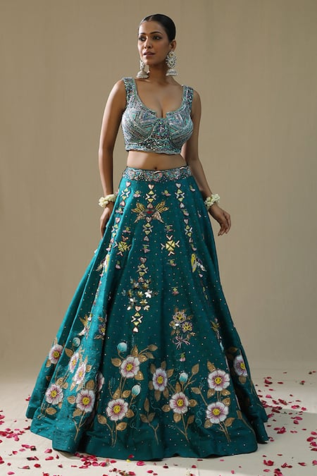 Buy_Arpita Sulakshana_Teal Silk, Net Embroidery Round Neck Green Handpainted Lehenga Set _Online_at_Aza_Fashions