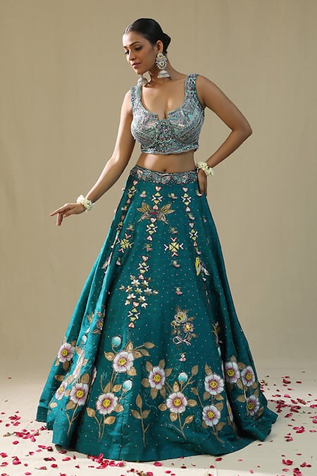 Shop_Arpita Sulakshana_Teal Silk, Net Embroidery Round Neck Green Handpainted Lehenga Set _Online_at_Aza_Fashions