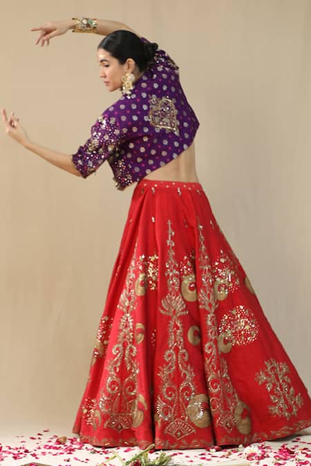 Arpita Sulakshana_Purple , Chanderi Sequins, Zari Round Neck Red Brushstroke Lehenga Set _Online_at_Aza_Fashions