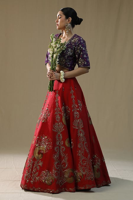 Buy_Arpita Sulakshana_Purple , Chanderi Sequins, Zari Round Neck Red Brushstroke Lehenga Set _Online_at_Aza_Fashions