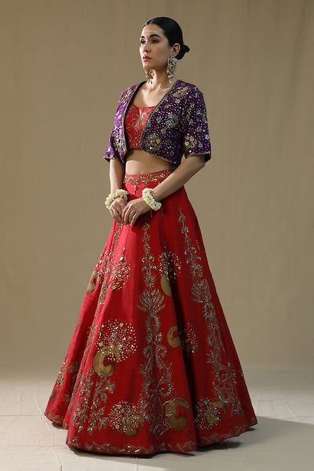 Shop_Arpita Sulakshana_Purple , Chanderi Sequins, Zari Round Neck Red Brushstroke Lehenga Set _Online_at_Aza_Fashions