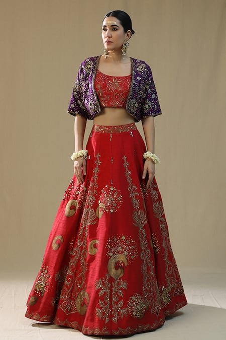 arpita sulakshana Yellow , Chanderi Sequins, Zari Round Neck Red Brushstroke Lehenga Set 