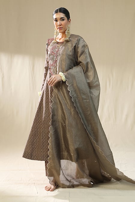 Buy_Arpita Sulakshana_Brown Chanderi Silk, Cotton, Silk, Kota Doria Zari, Mocha Self Suit Set _Online_at_Aza_Fashions
