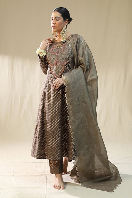 Shop_Arpita Sulakshana_Brown Chanderi Silk, Cotton, Silk, Kota Doria Zari, Mocha Self Suit Set _Online_at_Aza_Fashions