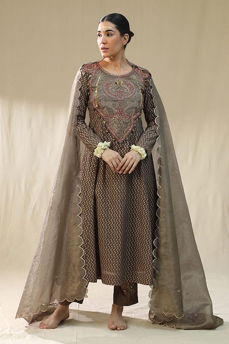 arpita sulakshana Pink Chanderi Silk, Cotton, Silk, Kota Doria Zari, Mocha Self Suit Set 