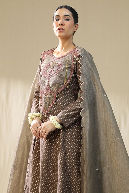 Buy_Arpita Sulakshana_Brown Chanderi Silk, Cotton, Silk, Kota Doria Zari, Mocha Self Suit Set 