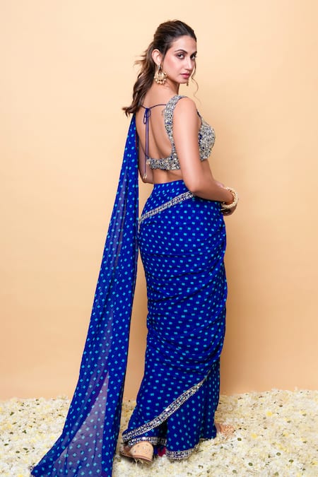 Sajeda A Lehry_Blue Georgette Sequins, Embroidery Scoop Designer Pre-draped Saree And Blouse _Online_at_Aza_Fashions