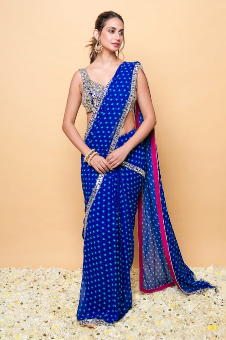 Buy_Sajeda A Lehry_Blue Georgette Sequins, Embroidery Scoop Designer Pre-draped Saree And Blouse _Online_at_Aza_Fashions