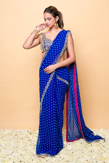Shop_Sajeda A Lehry_Blue Georgette Sequins, Embroidery Scoop Designer Pre-draped Saree And Blouse _Online_at_Aza_Fashions