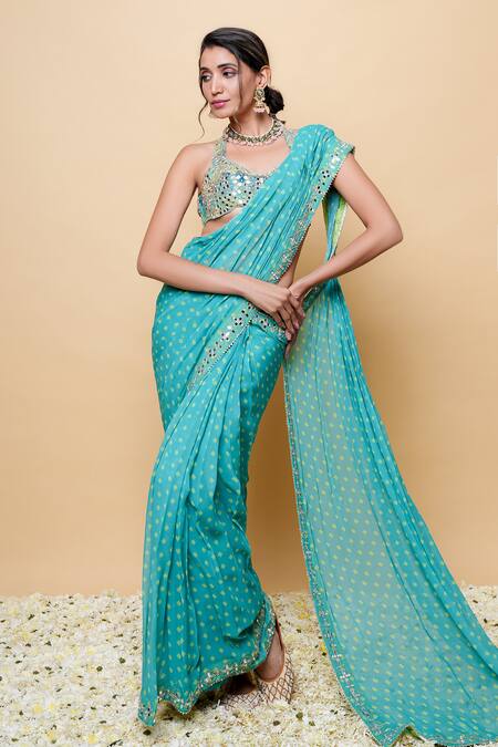 Sajeda A Lehry_Blue Georgette Sequins, Embroidery Round Digital Print Pre-draped Saree Set _Online_at_Aza_Fashions