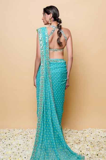 Shop_Sajeda A Lehry_Blue Georgette Sequins, Embroidery Round Digital Print Pre-draped Saree Set _at_Aza_Fashions