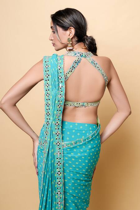 Buy_Sajeda A Lehry_Blue Georgette Sequins, Embroidery Round Digital Print Pre-draped Saree Set _Online_at_Aza_Fashions