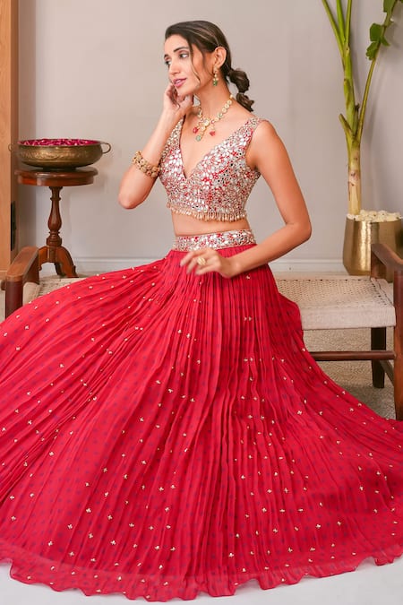 Sajeda A Lehry Red Silk, Georgette Sequins, Embroidery Round Neck Nazakat Lehenga Set 