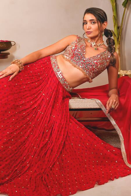 Sajeda A Lehry_Red Silk, Georgette, Crepe Sequins, Embroidery Round Neck Nazakat Lehenga Set _Online_at_Aza_Fashions