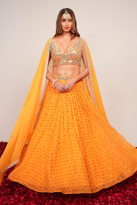 Sajeda A Lehry Yellow Silk, Georgette Sequins, Beads, Embroidery V-neck Nazakat Lehenga Set 