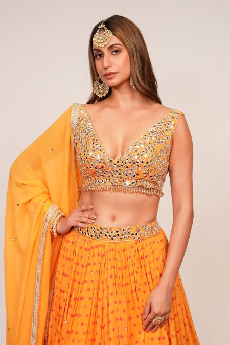 Shop_Sajeda A Lehry_Yellow Silk, Georgette, Crepe Sequins, Beads, Embroidery Nazakat Lehenga Set _Online_at_Aza_Fashions
