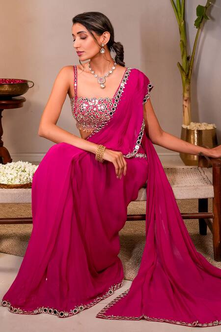 Sajeda A Lehry_Pink Georgette Sequins, Beads Round Neck Gulab Hand Embroidered Saree Set _Online_at_Aza_Fashions