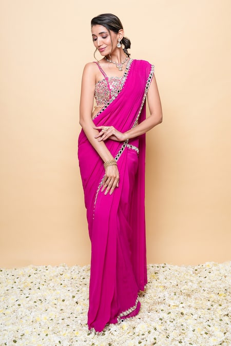 Shop_Sajeda A Lehry_Pink Georgette Sequins, Beads Round Neck Gulab Hand Embroidered Saree Set _Online_at_Aza_Fashions