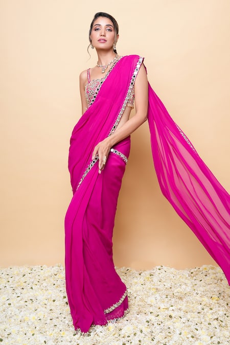 Buy_Sajeda A Lehry_Pink Georgette Sequins, Beads Round Neck Gulab Hand Embroidered Saree Set 